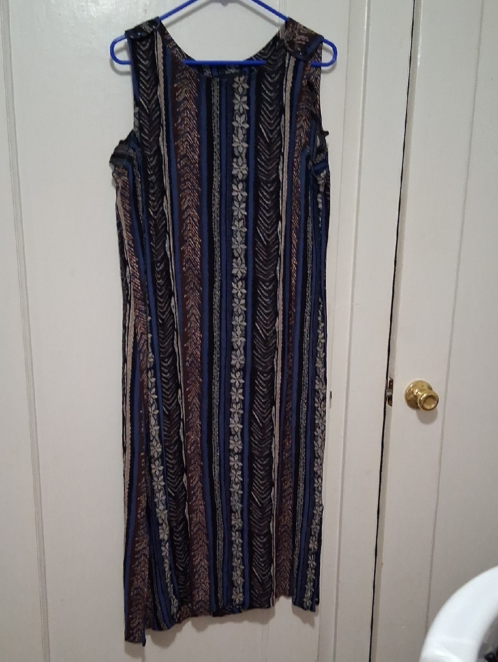 Sleeveless Blue and Brown Striped Maxi Dress